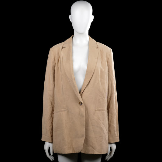 Kappahl - Blazer - Beige - Size 42 - Beige solid blazer with a notched collar and a V-neck opening with a single-button front. Long sleeves with plain cuffs, straight hem, and two front welt pockets.