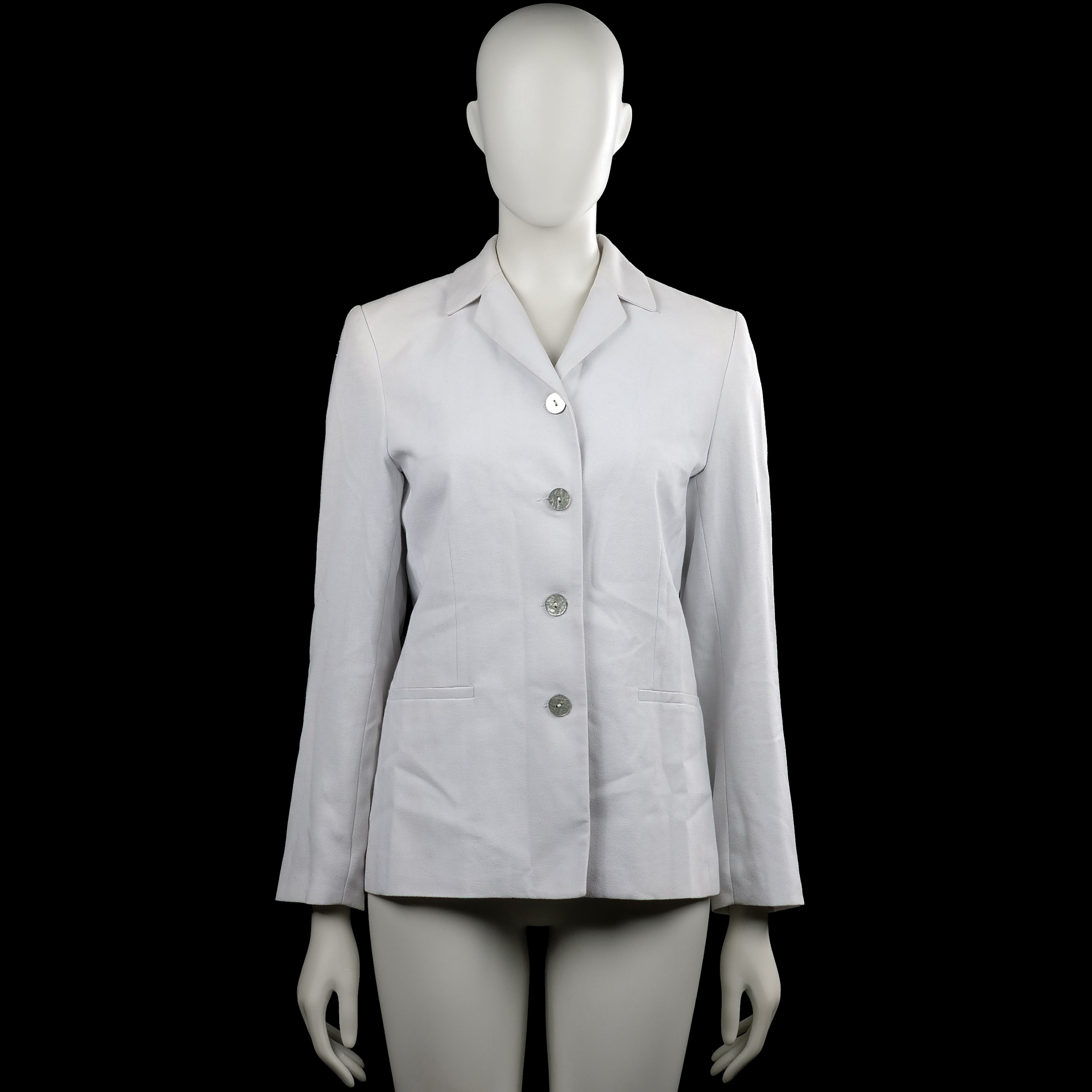 H&M - Blazer - White - Size 34 - White solid jacket with a classic collar and long sleeves with button cuffs. Features a front button closure, two front welt pockets, and a straight hem.