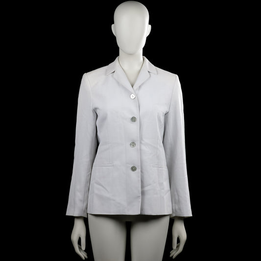 H&M - Blazer - White - Size 34 - White solid jacket with a classic collar and long sleeves with button cuffs. Features a front button closure, two front welt pockets, and a straight hem.