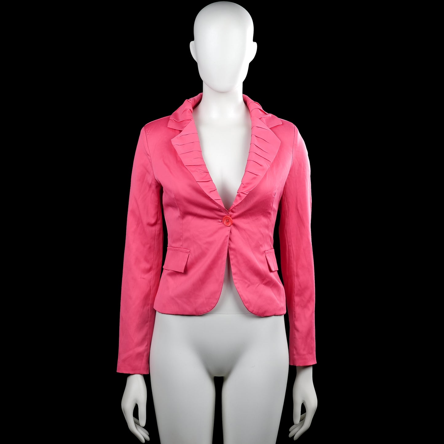 Made In Italy - Blazer - Pink - Size S - Solid pink blazer with a ruffled shawl collar and a V-neck opening. Long sleeves with plain cuffs, single front button closure, flap pockets, and a curved hem.