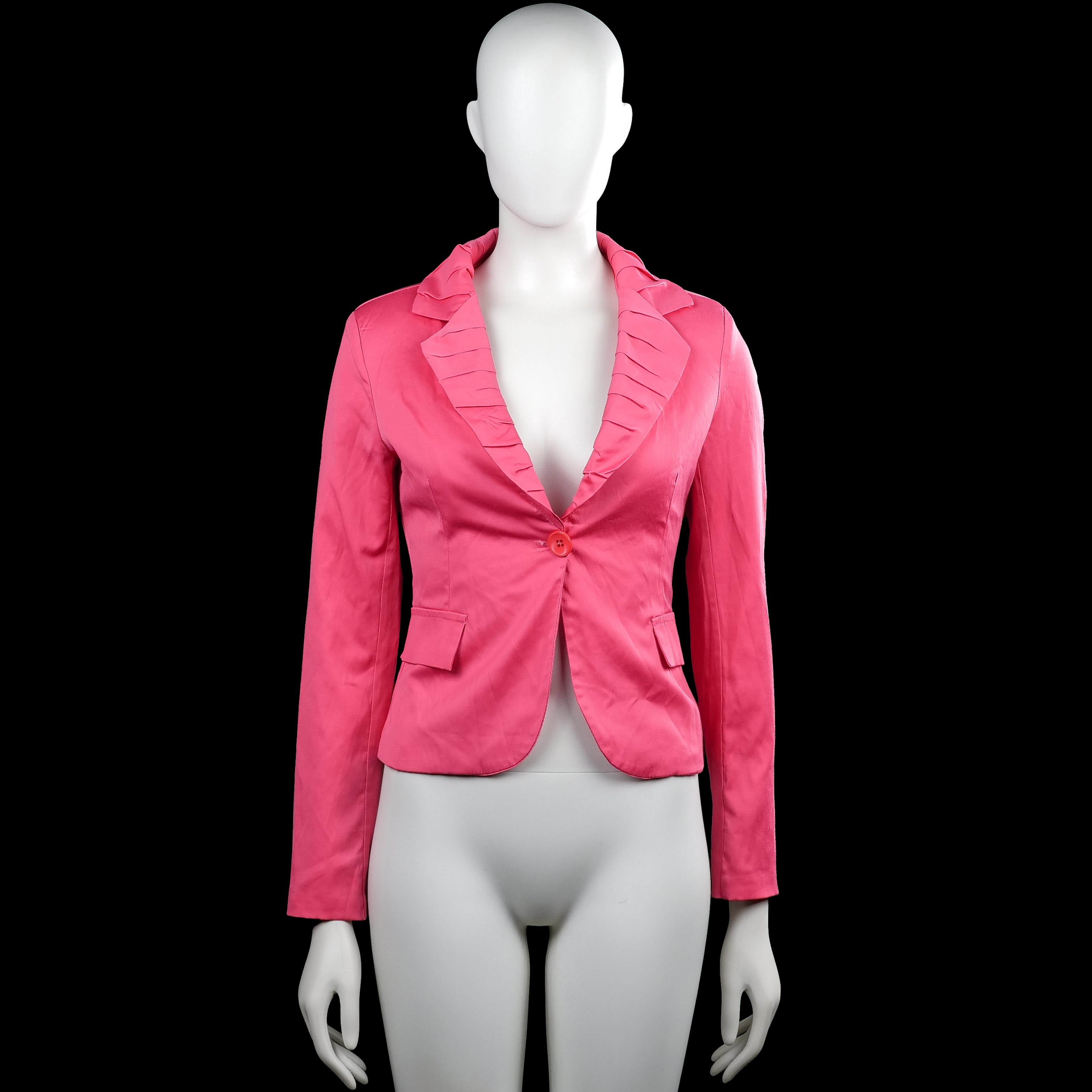Made In Italy - Blazer - Pink - Size S - Solid pink blazer with a ruffled shawl collar and a V-neck opening. Long sleeves with plain cuffs, single front button closure, flap pockets, and a curved hem.