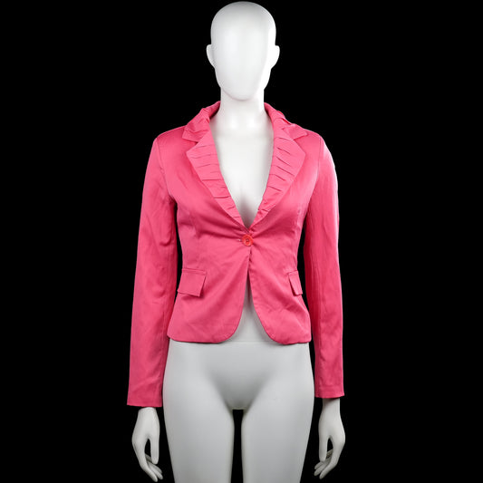 Made In Italy - Blazer - Pink - Size S - Solid pink blazer with a ruffled shawl collar and a V-neck opening. Long sleeves with plain cuffs, single front button closure, flap pockets, and a curved hem.