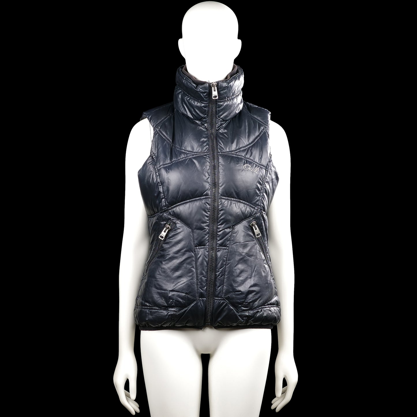 O'neill - Padded vest - Navy - Size M - Navy solid sleeveless quilted vest with a high neck and full-length front zipper closure. Features two zip pockets at the front and a straight hem.