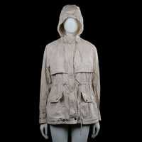 Jazlyn - Safari jacket - Beige - Size XL - Beige solid hooded jacket with a high front placket and drawstrings at the hood and waist. Long sleeves with button cuffs, flap pockets with snap buttons, and a straight hem.