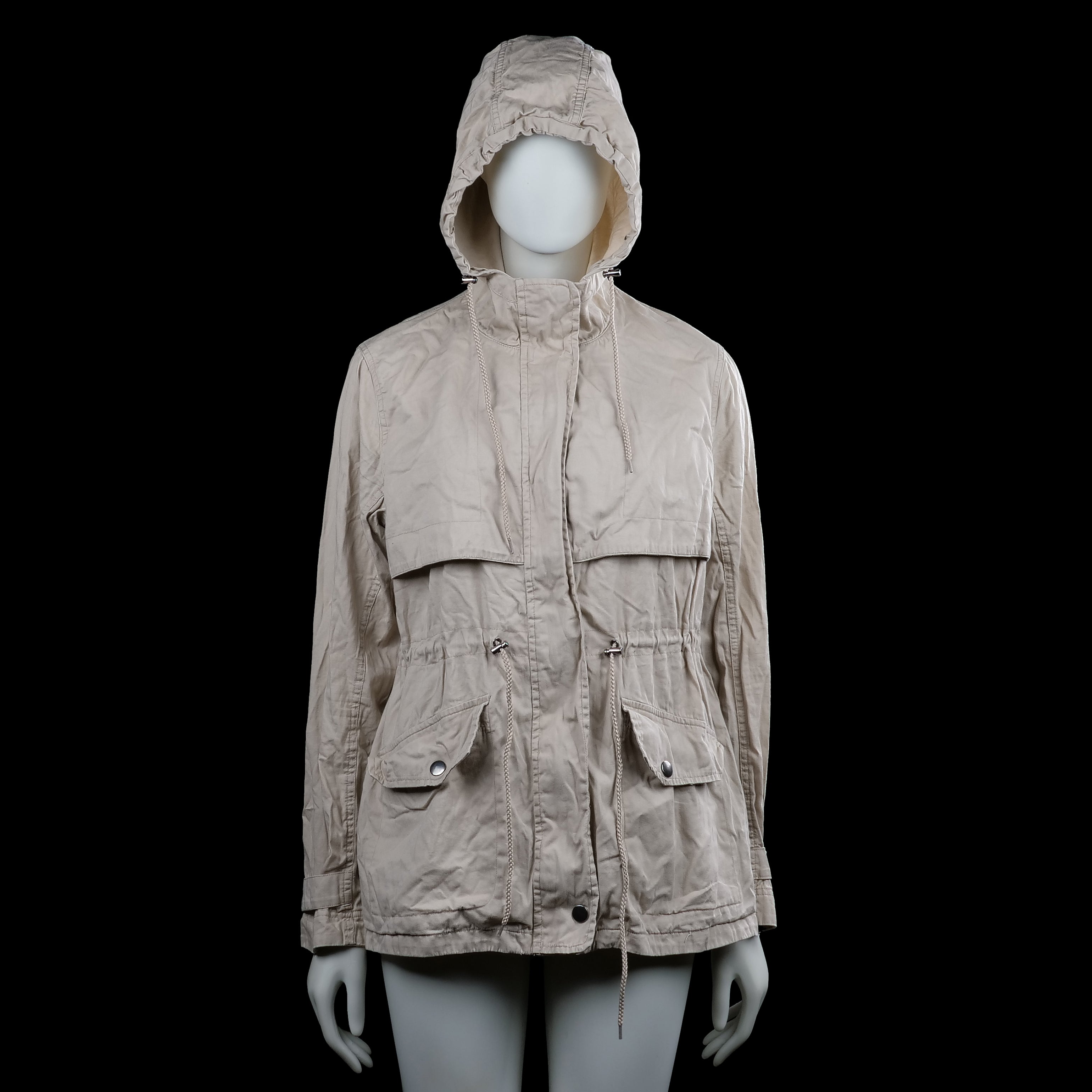 Jazlyn - Safari jacket - Beige - Size XL - Beige solid hooded jacket with a high front placket and drawstrings at the hood and waist. Long sleeves with button cuffs, flap pockets with snap buttons, and a straight hem.
