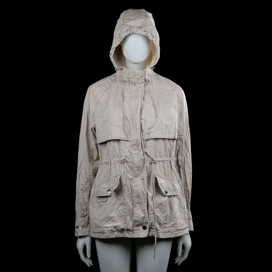 Jazlyn - Safari jacket - Beige - Size XL - Beige solid hooded jacket with a high front placket and drawstrings at the hood and waist. Long sleeves with button cuffs, flap pockets with snap buttons, and a straight hem.