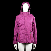 Crash one / ah - Windbreaker - Purple - Size 158, 164 - Purple hooded jacket with a repeating geometric print and a front zip closure covered by a placket with snaps. Features long sleeves with plain cuffs, zip pockets, and a straight hem.