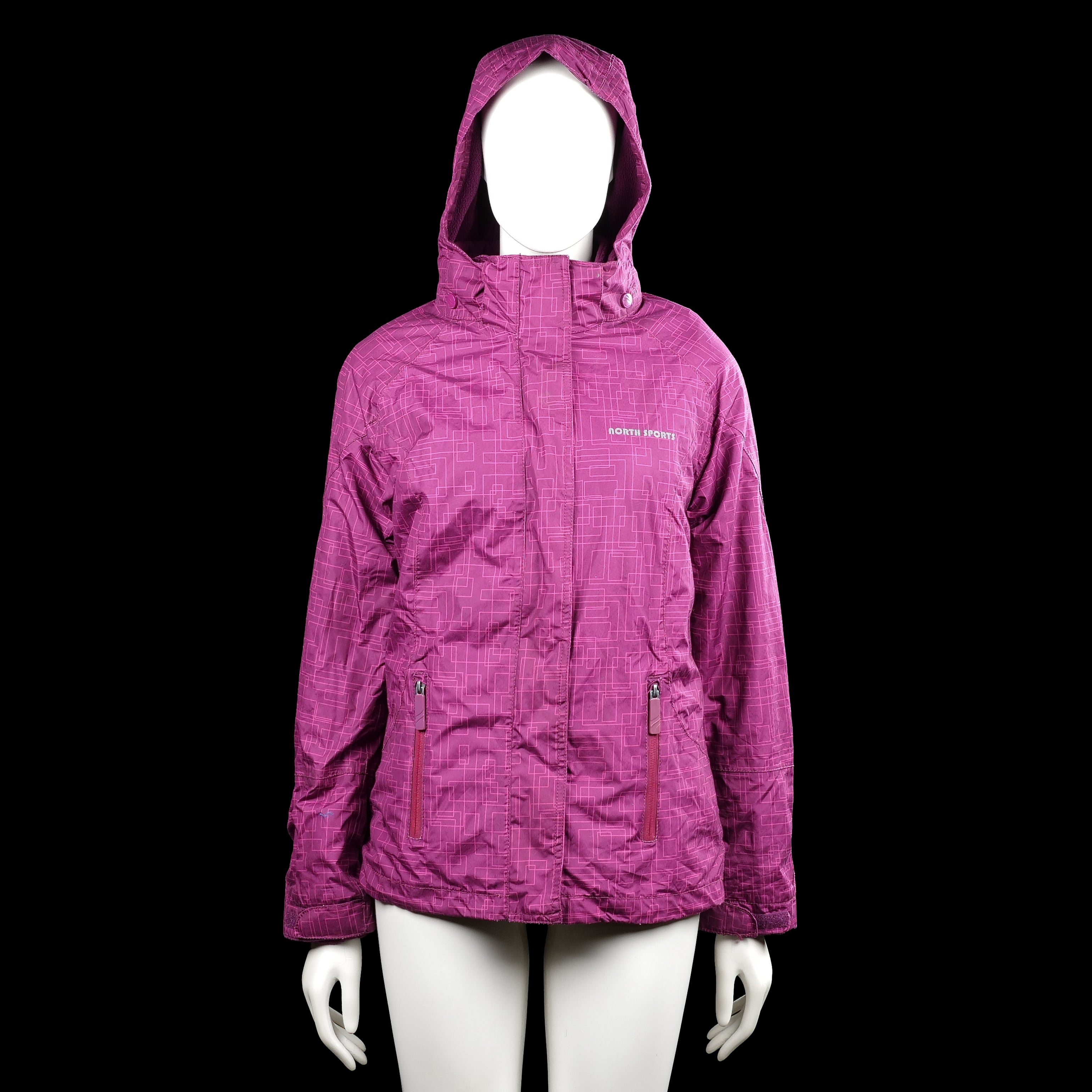 Crash one / ah - Windbreaker - Purple - Size 158, 164 - Purple hooded jacket with a repeating geometric print and a front zip closure covered by a placket with snaps. Features long sleeves with plain cuffs, zip pockets, and a straight hem.