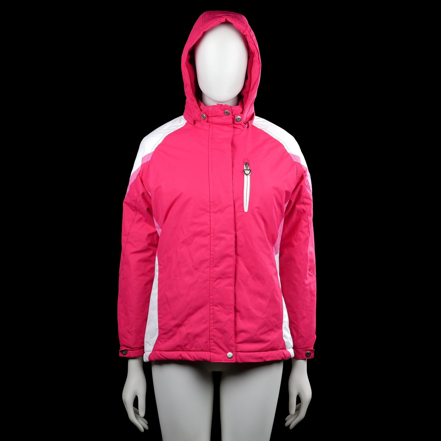 Yd /ah - Padded jacket - Pink & White - Size 158 - Pink and white hooded jacket with long sleeves, elastic cuffs, and a straight hem. Features a front zip closure with snap buttons at the neck and a vertical zip chest pocket.