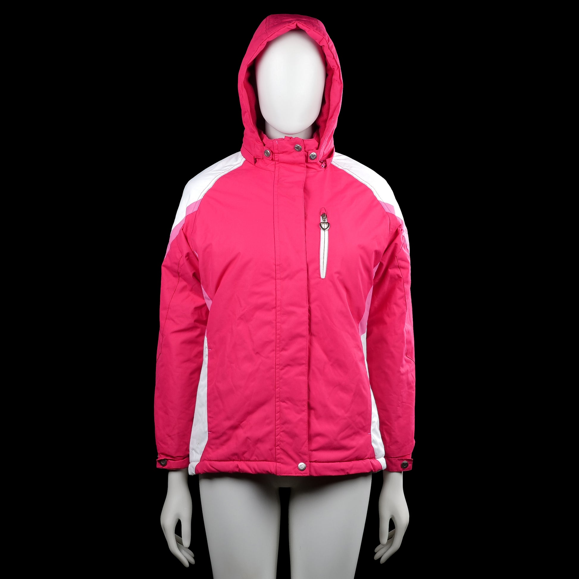 Yd /ah - Padded jacket - Pink & White - Size 158 - Pink and white hooded jacket with long sleeves, elastic cuffs, and a straight hem. Features a front zip closure with snap buttons at the neck and a vertical zip chest pocket.