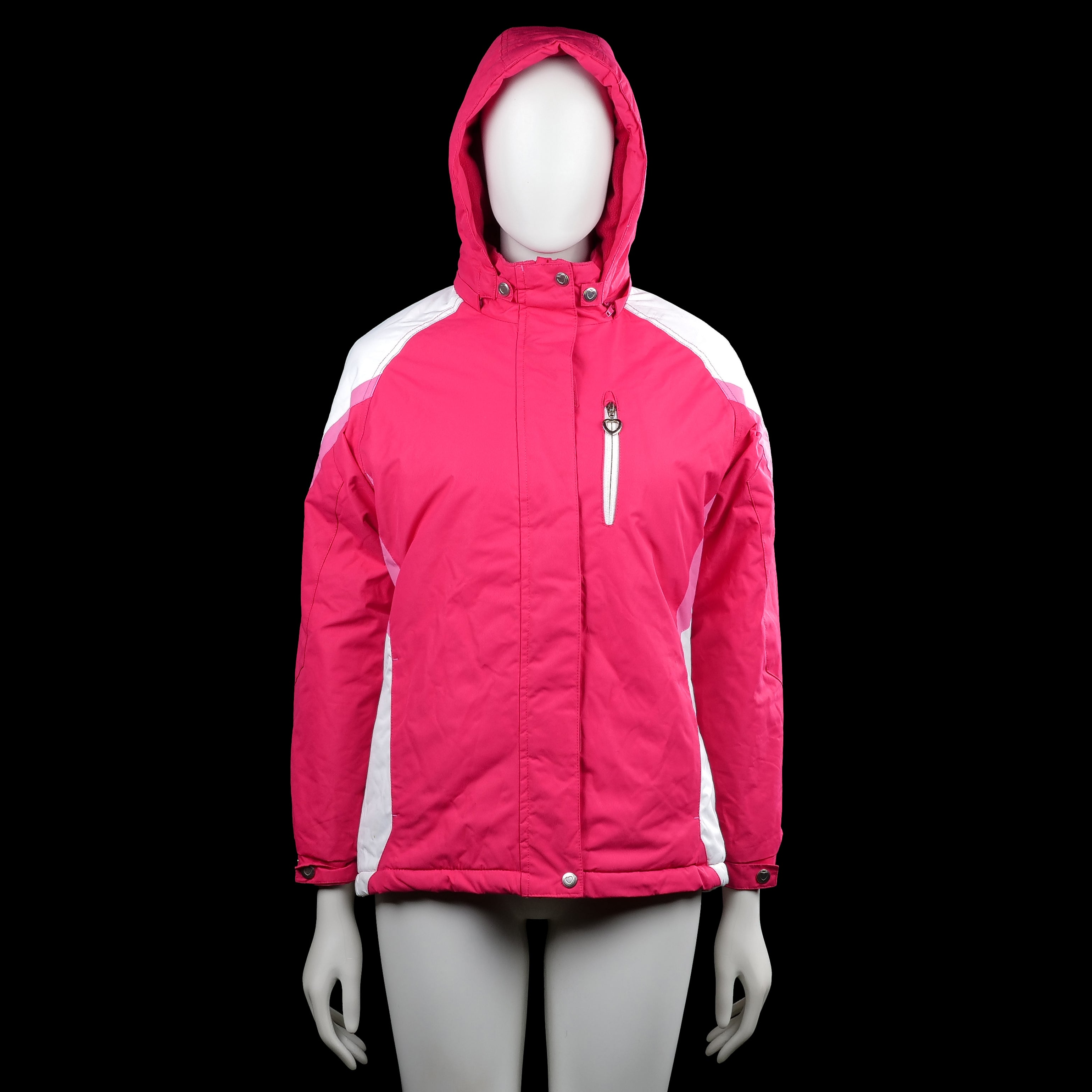 Yd /ah - Padded jacket - Pink & White - Size 158 - Pink and white hooded jacket with long sleeves, elastic cuffs, and a straight hem. Features a front zip closure with snap buttons at the neck and a vertical zip chest pocket.