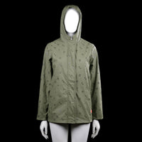 Cars - Rain jacket - Olive - Size L, XL - Olive hooded jacket with long sleeves and a repeating diamond print. Features a front zip closure, slanted front pockets, plain cuffs, and a curved hem.
