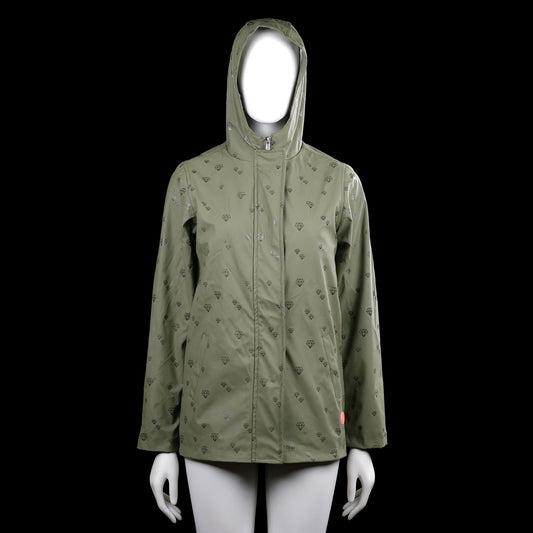 Cars - Rain jacket - Olive - Size L, XL - Olive hooded jacket with long sleeves and a repeating diamond print. Features a front zip closure, slanted front pockets, plain cuffs, and a curved hem.