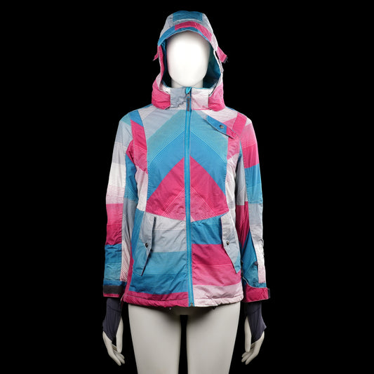 Spex /ah - Windbreaker - Multicolored - Size 146, 152 - Hooded jacket with long sleeves in blue, gray, white, and pink striped color-block panels. Features a full front zipper, snap-button flap details, and a straight hem.