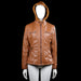 /ah - Leather jacket - Camel - Size M - Camel solid hooded jacket with a front zip closure and snap-tab at the neck. Features zip pockets, quilted-style panel details, long sleeves with plain cuffs, and a straight hem.