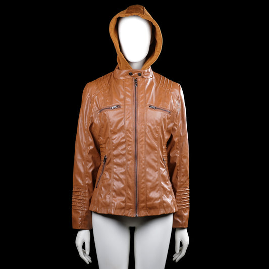 /ah - Leather jacket - Camel - Size M - Camel solid hooded jacket with a front zip closure and snap-tab at the neck. Features zip pockets, quilted-style panel details, long sleeves with plain cuffs, and a straight hem.