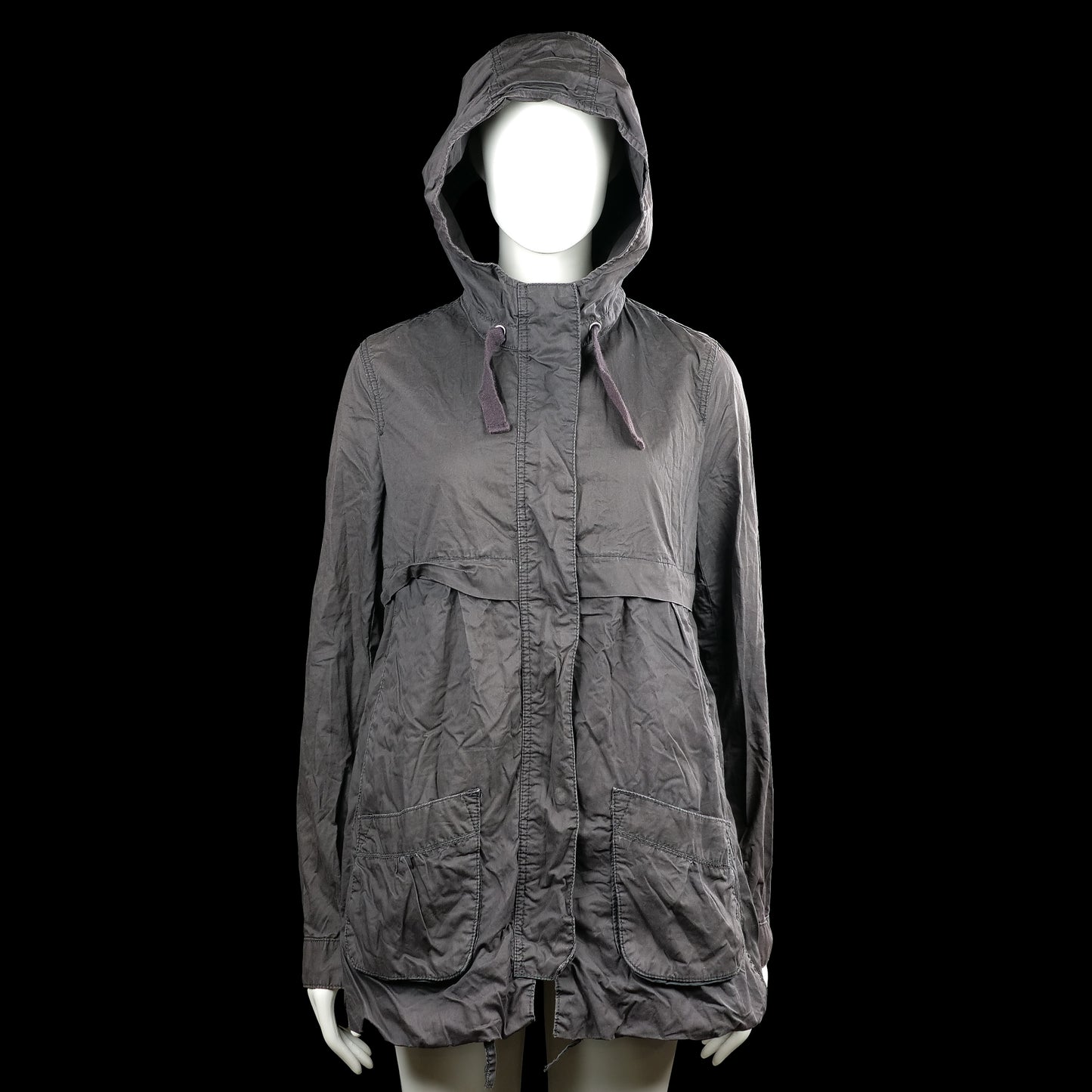H&m logg - Parka - Charcoal - Size 38 - Charcoal solid hooded jacket with long sleeves and a front closure covered by a placket. Features a drawstring hood and large front patch pockets.