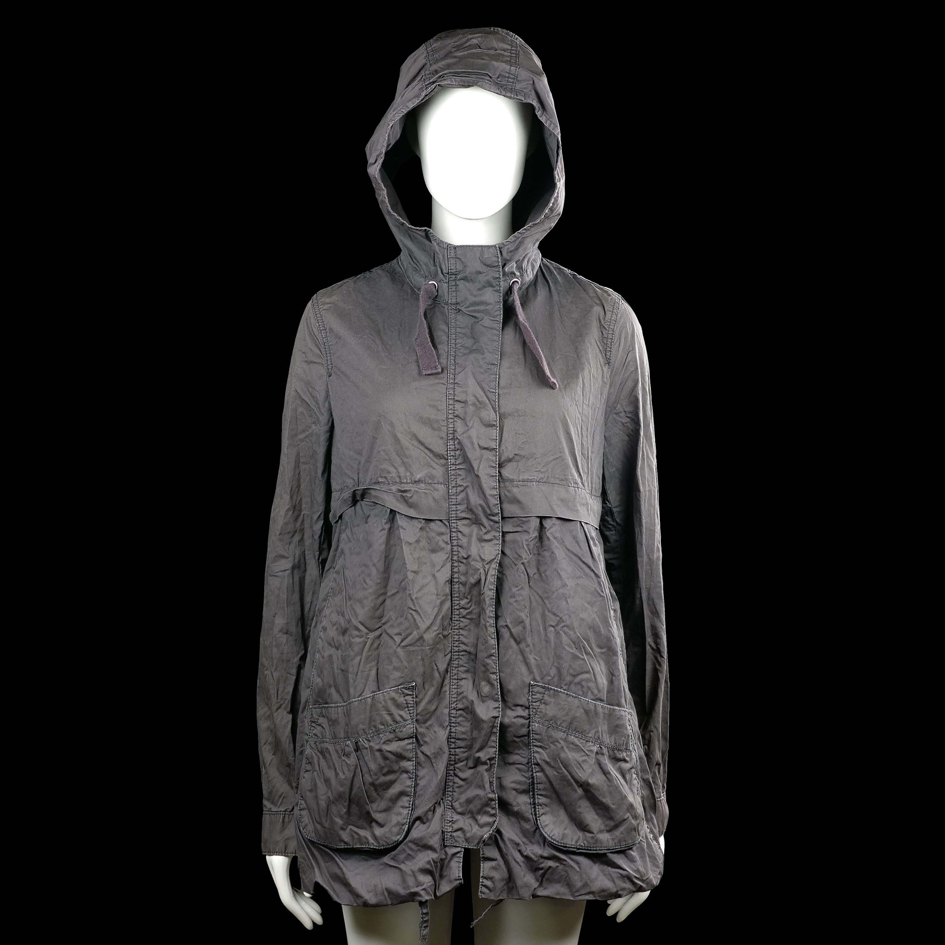 H&m logg - Parka - Charcoal - Size 38 - Charcoal solid hooded jacket with long sleeves and a front closure covered by a placket. Features a drawstring hood and large front patch pockets.