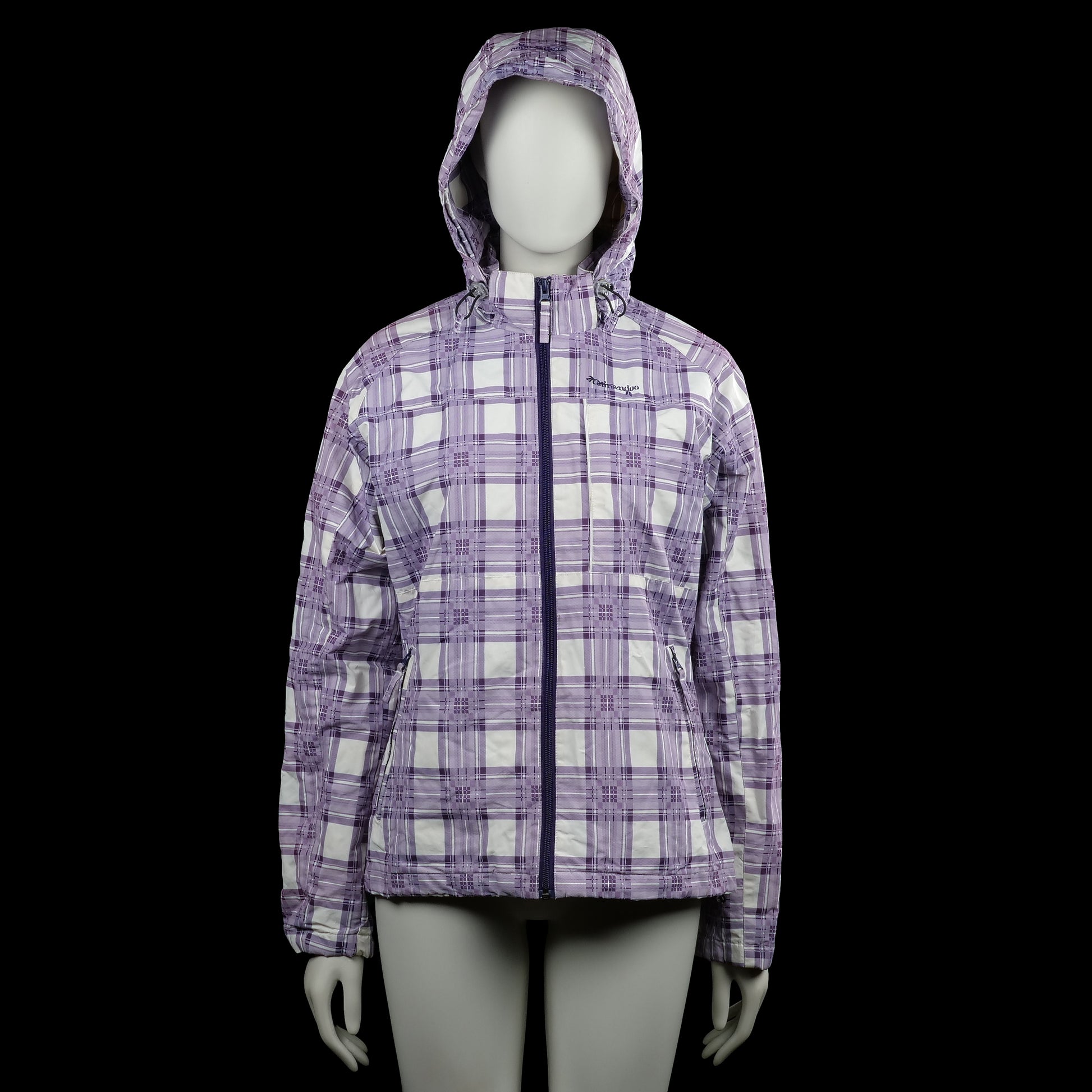 Catmandoo /ah - Windbreaker - Purple & White - Size 38 - Purple and white checked hooded jacket with a full-length front zip closure. Long sleeves with plain cuffs, straight hem, and zippered front pockets.