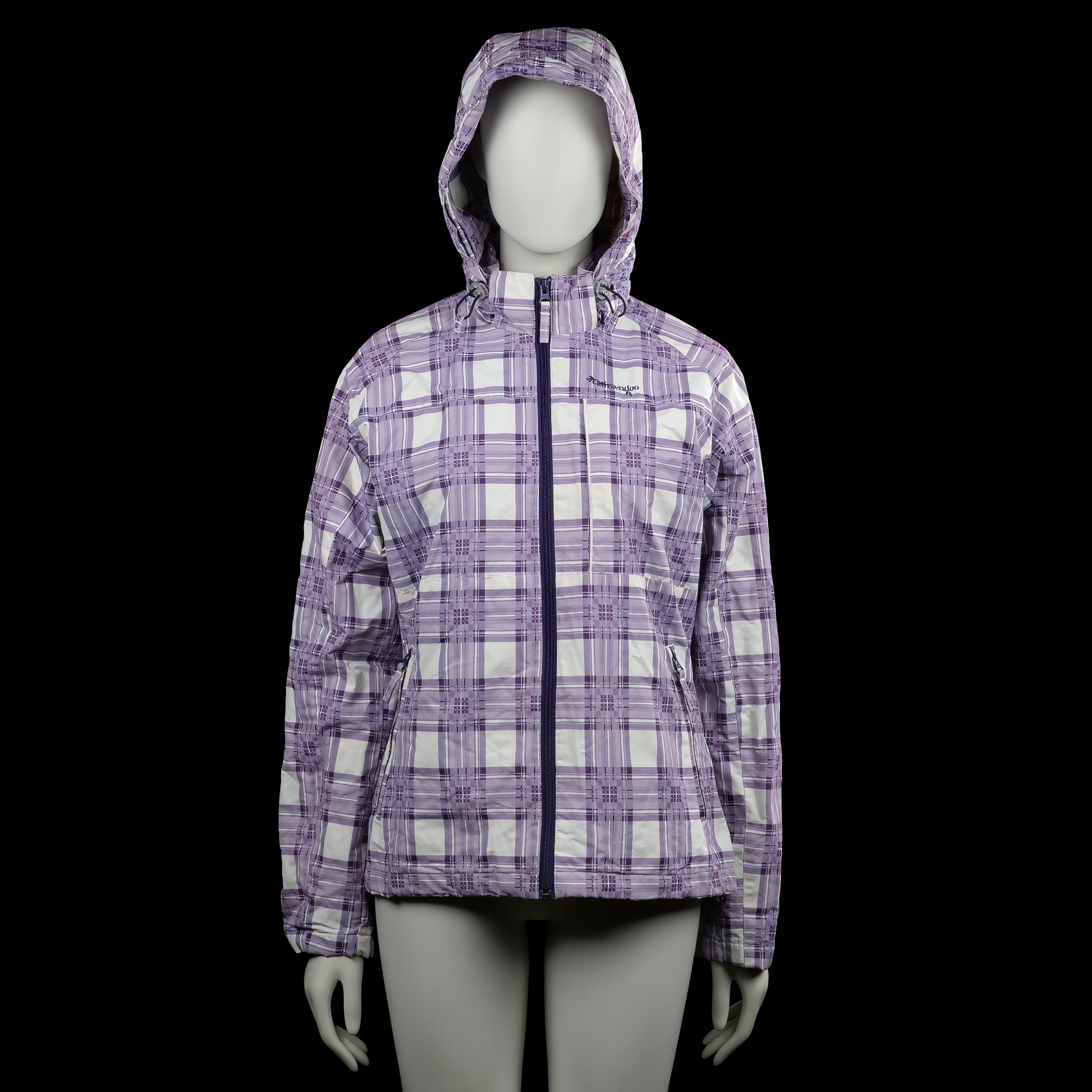 Catmandoo /ah - Windbreaker - Purple & White - Size 38 - Purple and white checked hooded jacket with a full-length front zip closure. Long sleeves with plain cuffs, straight hem, and zippered front pockets.