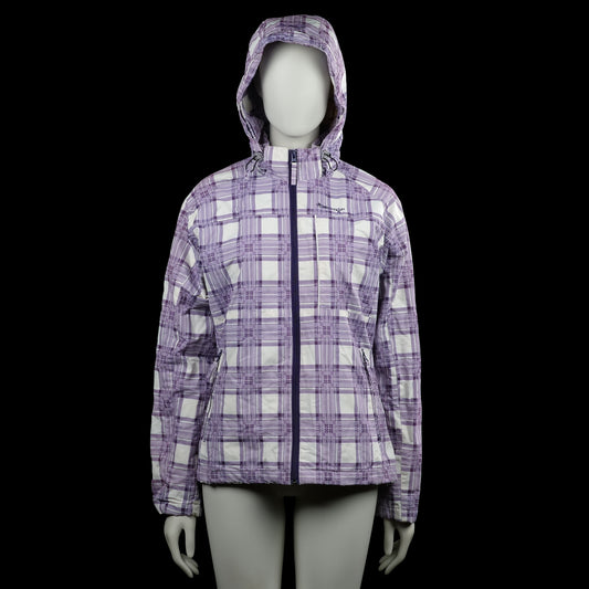 Catmandoo /ah - Windbreaker - Purple & White - Size 38 - Purple and white checked hooded jacket with a full-length front zip closure. Long sleeves with plain cuffs, straight hem, and zippered front pockets.
