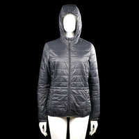 Esmara - Padded jacket - Dark Gray - Size 38 - Dark gray solid hooded quilted jacket with a full-length front zipper and long sleeves. Features elastic cuffs, a straight hem, and zip pockets at the sides.