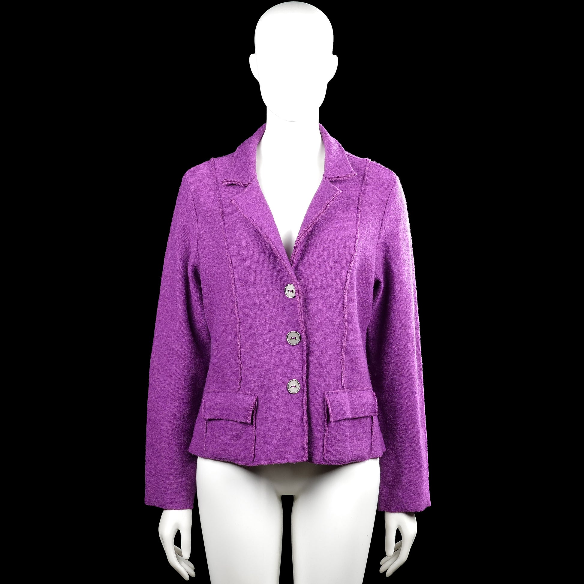 Kriss - Blazer - Purple - Size L - Purple solid jacket with a V-neck lapel collar and long sleeves. Features a front button closure, two front flap pockets, plain cuffs, and a straight hem.