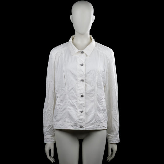 Sport jacket - White - Size M - White solid jacket with a classic collar and front button closure. Features long sleeves with button cuffs, a straight hem, and front pockets.