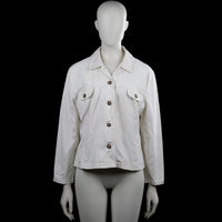 Sari - Denim jacket - White - Size M - White solid collared jacket with a front button closure and two buttoned flap chest pockets. Long sleeves with plain cuffs and a straight hem.
