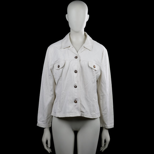 Sari - Denim jacket - White - Size M - White solid collared jacket with a front button closure and two buttoned flap chest pockets. Long sleeves with plain cuffs and a straight hem.
