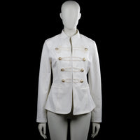 Beauty - Blazer - White - Size XL - White solid jacket with a mock neck and long sleeves with plain cuffs. Features decorative braid detailing with gold-tone buttons on the front, front slit pockets, and a curved hem.