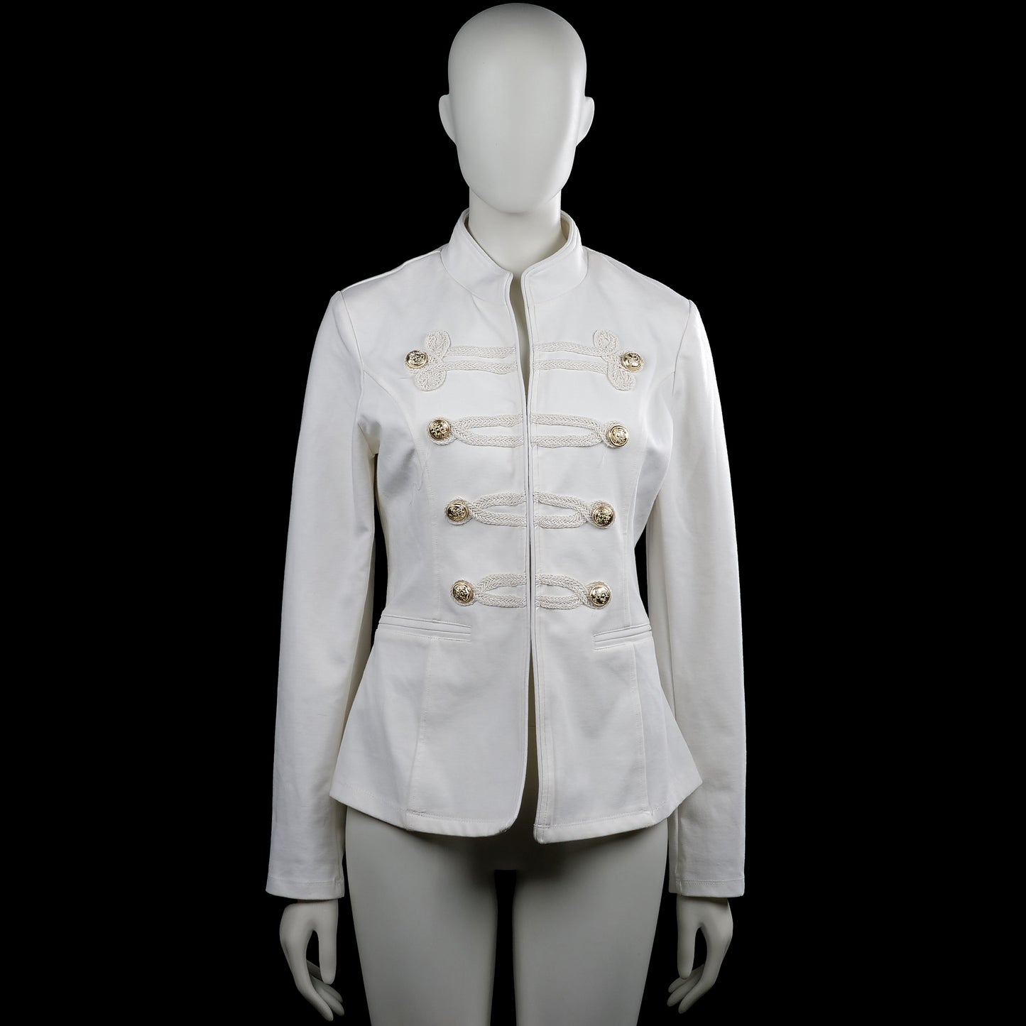 Beauty - Blazer - White - Size XL - White solid jacket with a mock neck and long sleeves with plain cuffs. Features decorative braid detailing with gold-tone buttons on the front, front slit pockets, and a curved hem.