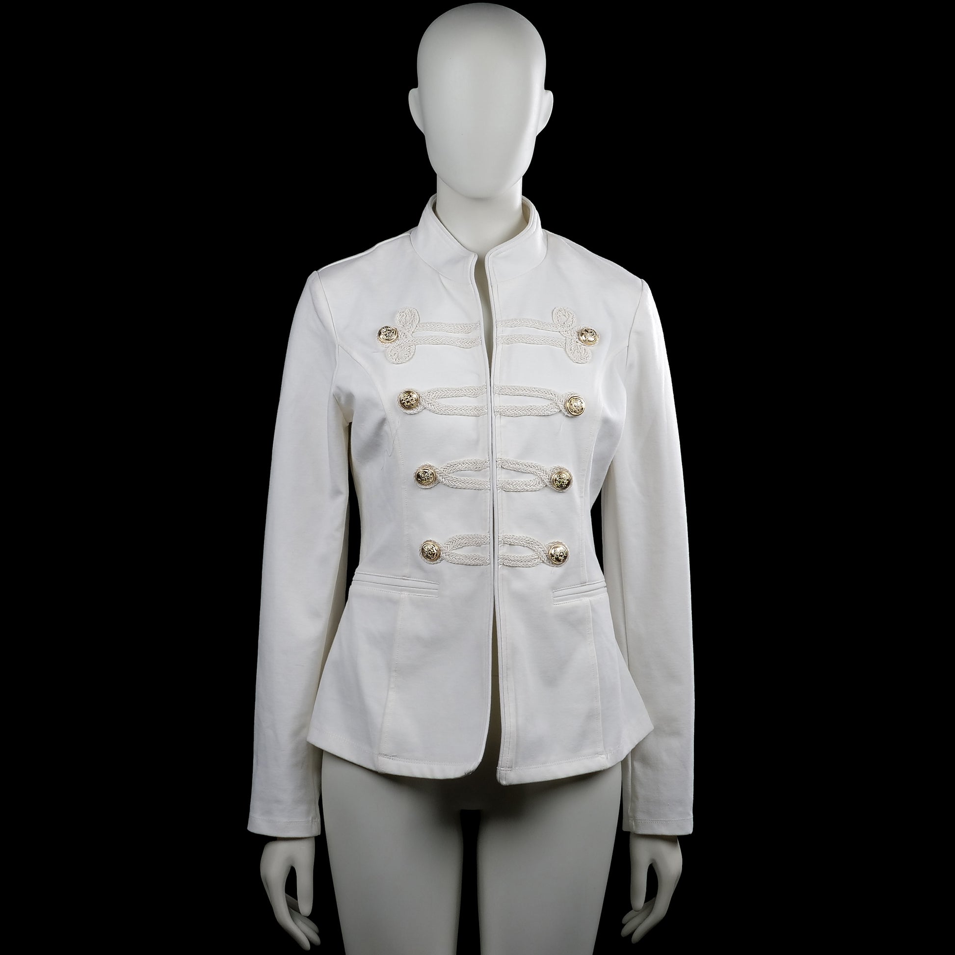 Beauty - Blazer - White - Size XL - White solid jacket with a mock neck and long sleeves with plain cuffs. Features decorative braid detailing with gold-tone buttons on the front, front slit pockets, and a curved hem.