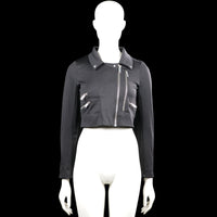 Coolcat - Biker jacket - Black - Size XS - Black solid cropped jacket with a classic collar and long sleeves. Features a front zipper closure, multiple zip pockets, zip cuffs, and a straight hem.