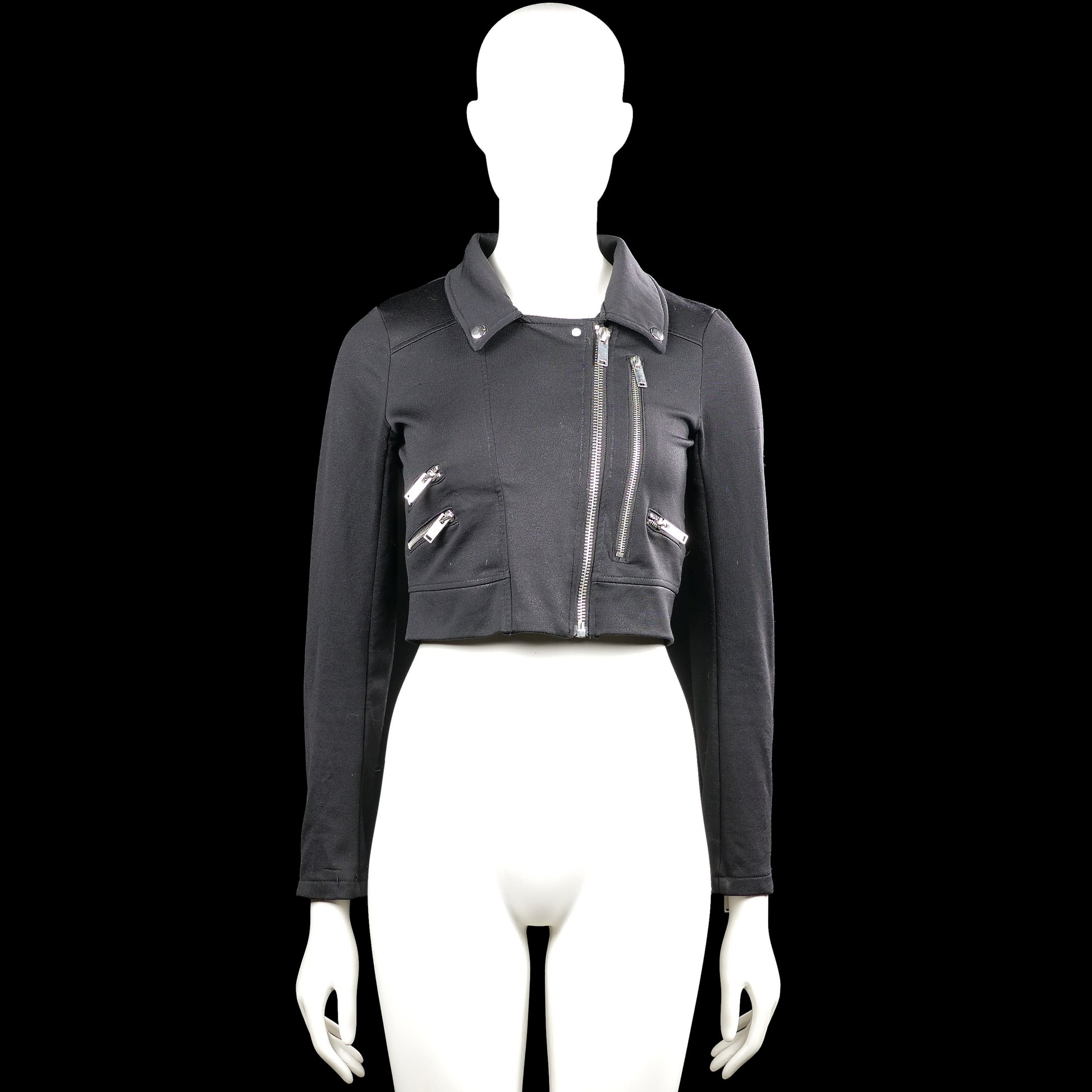 Coolcat - Biker jacket - Black - Size XS - Black solid cropped jacket with a classic collar and long sleeves. Features a front zipper closure, multiple zip pockets, zip cuffs, and a straight hem.