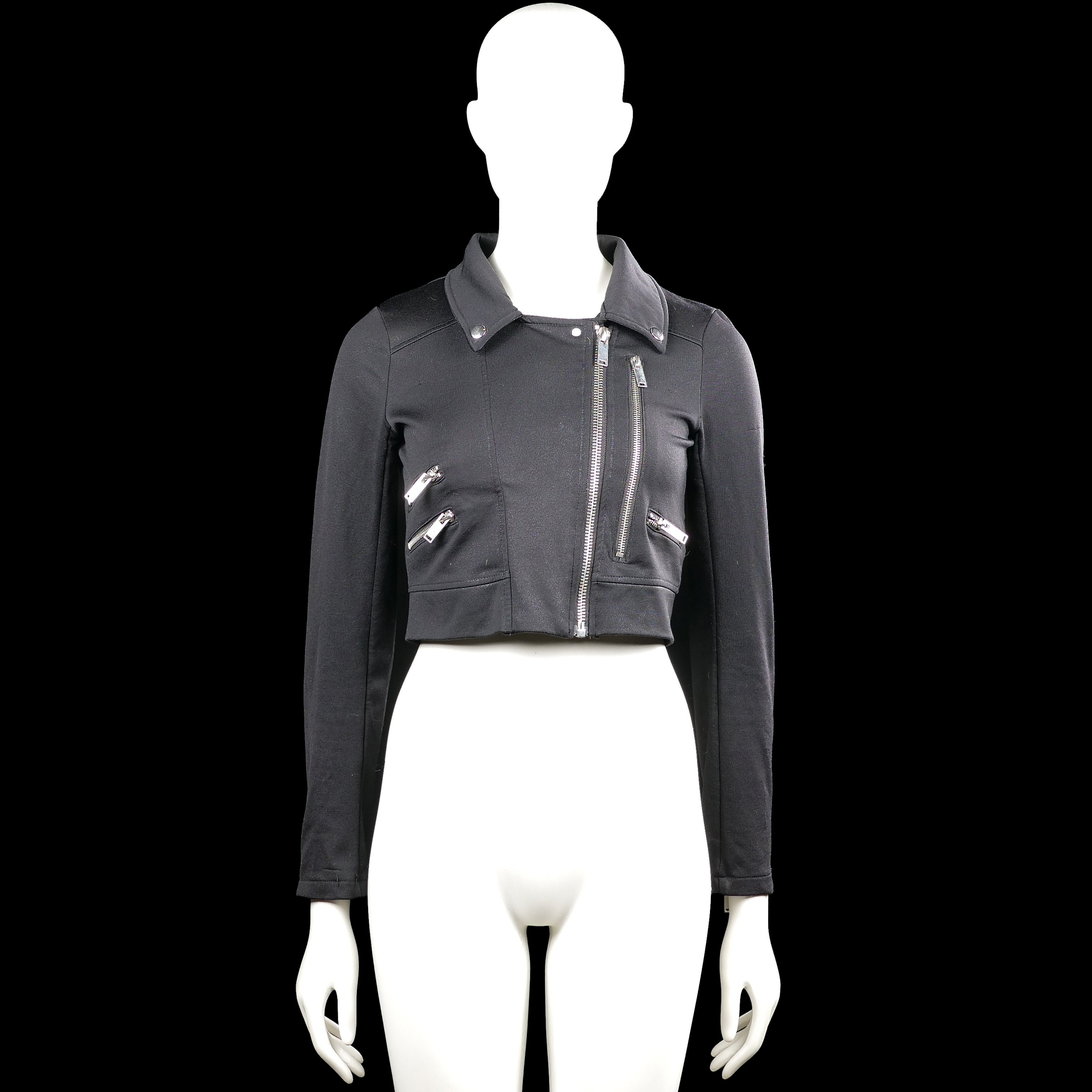Coolcat - Biker jacket - Black - Size XS - Black solid cropped jacket with a classic collar and long sleeves. Features a front zipper closure, multiple zip pockets, zip cuffs, and a straight hem.