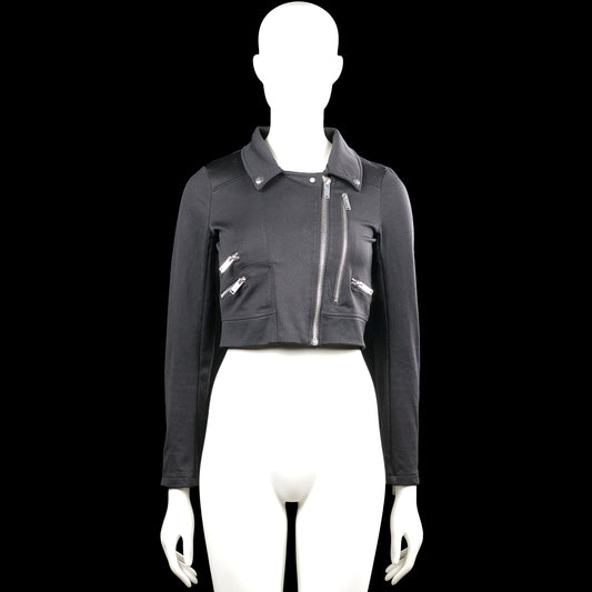 Coolcat - Biker jacket - Black - Size XS - Black solid cropped jacket with a classic collar and long sleeves. Features a front zipper closure, multiple zip pockets, zip cuffs, and a straight hem.