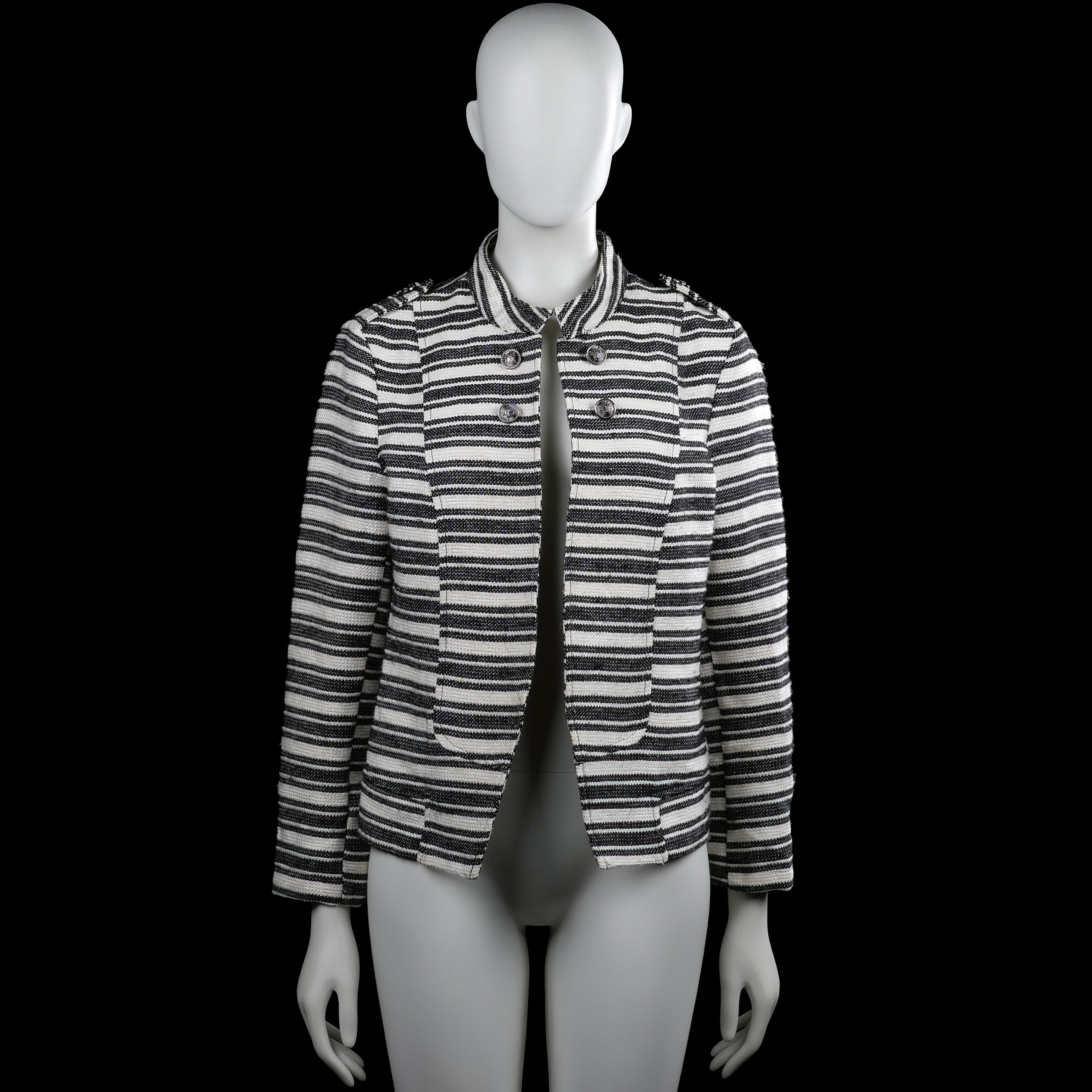 Only one - Blazer - White & Black - Size 42 - Black and white striped jacket with a classic collar and long sleeves. Features a straight hem, plain cuffs, and a front button closure.