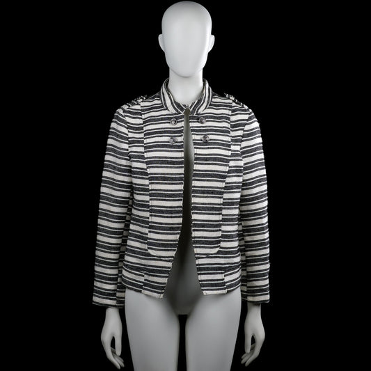 Only one - Blazer - White & Black - Size 42 - Black and white striped jacket with a classic collar and long sleeves. Features a straight hem, plain cuffs, and a front button closure.