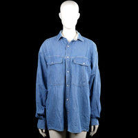 Fanani clothing - Shirt - Denim Blue - Size M - Denim blue solid button-front shirt with a classic collar and long sleeves. Features two flap chest pockets and button cuffs with a straight hem.