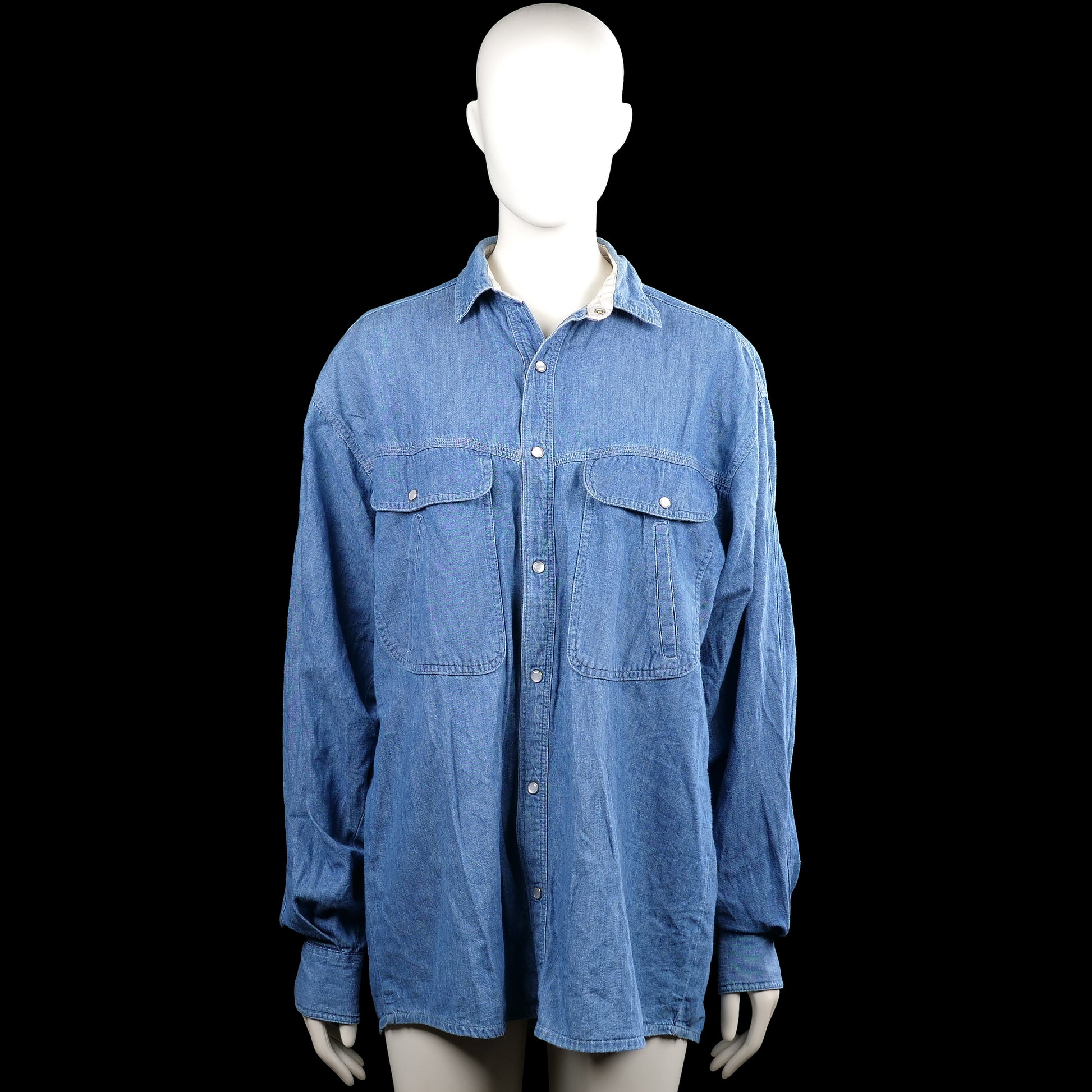 Fanani clothing - Shirt - Denim Blue - Size M - Denim blue solid button-front shirt with a classic collar and long sleeves. Features two flap chest pockets and button cuffs with a straight hem.