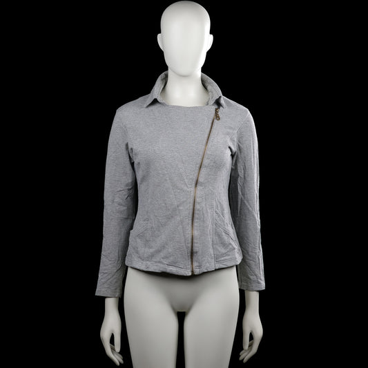 True spirit - Sweatshirt - Gray - Size M - Gray solid long-sleeve jacket with a classic collar and an asymmetrical front zip closure. Features front pockets, plain cuffs, and a straight hem.