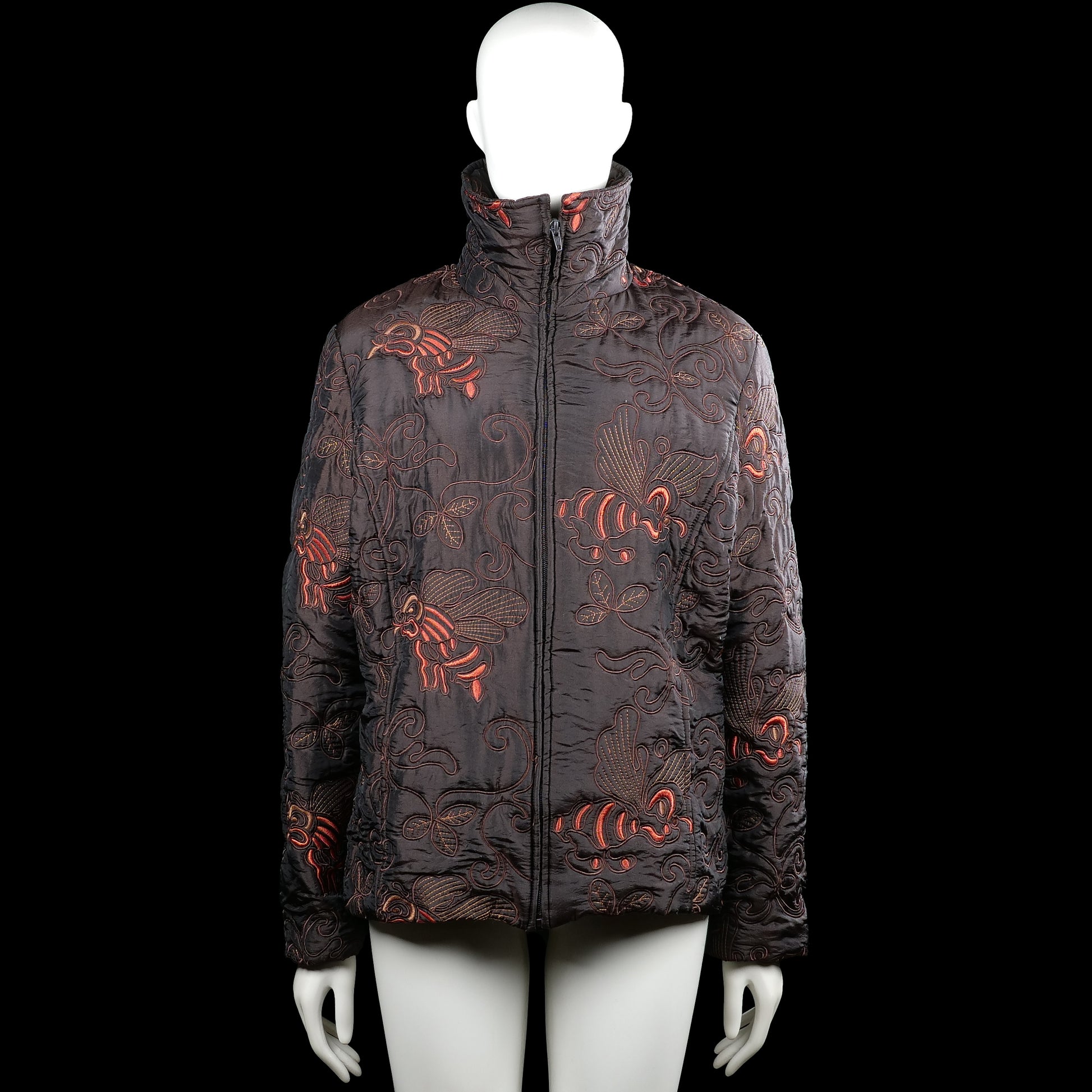 Padded jacket - Black & Red - Size L - Black jacket with a red printed pattern, a high neck, and a full-length front zipper. Long sleeves with plain cuffs and a straight hem.