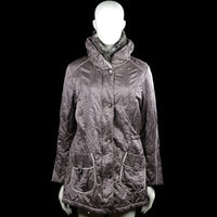 Bonita - Padded coat - Gray - Size M - Gray solid long-sleeve coat with a high neck and snap button front closure. Features large front flap pockets and a straight hem with plain cuffs.