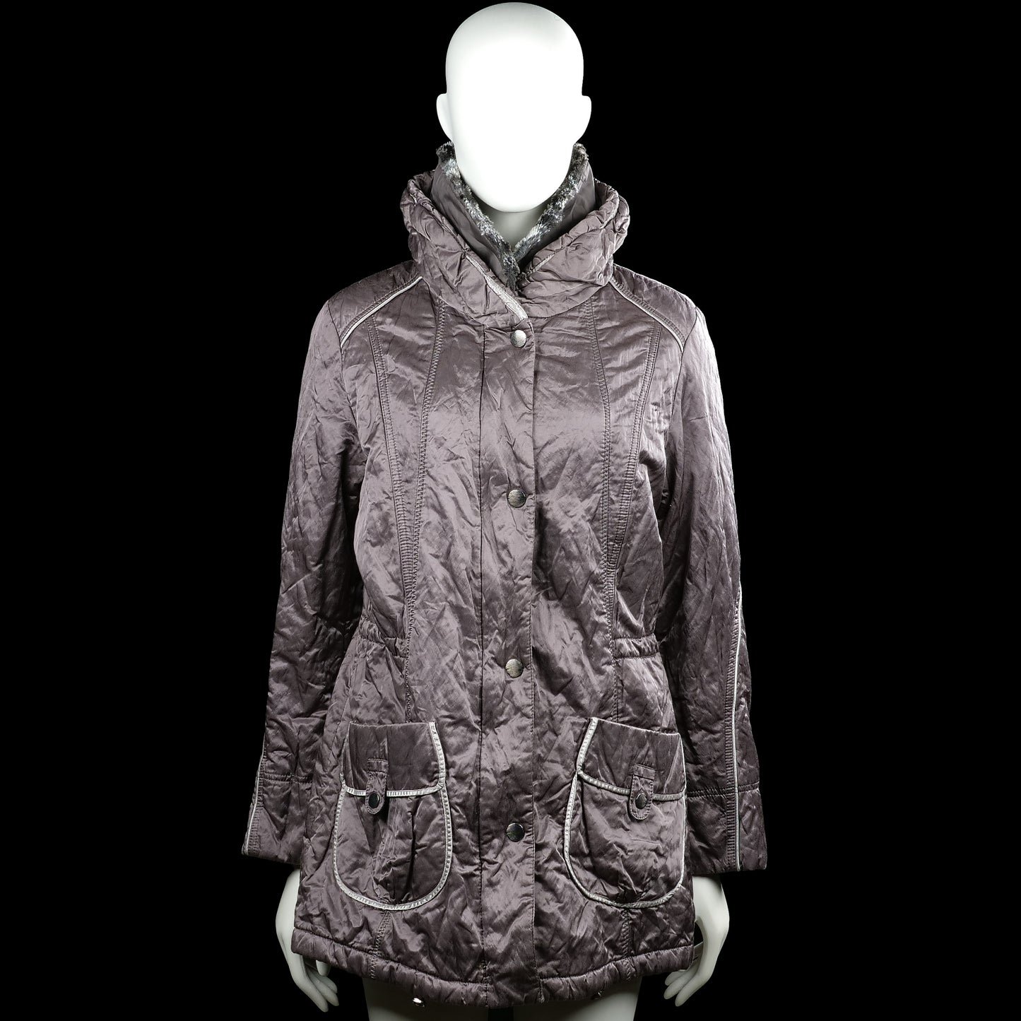 Bonita - Padded coat - Gray - Size M - Gray solid long-sleeve coat with a high neck and snap button front closure. Features large front flap pockets and a straight hem with plain cuffs.