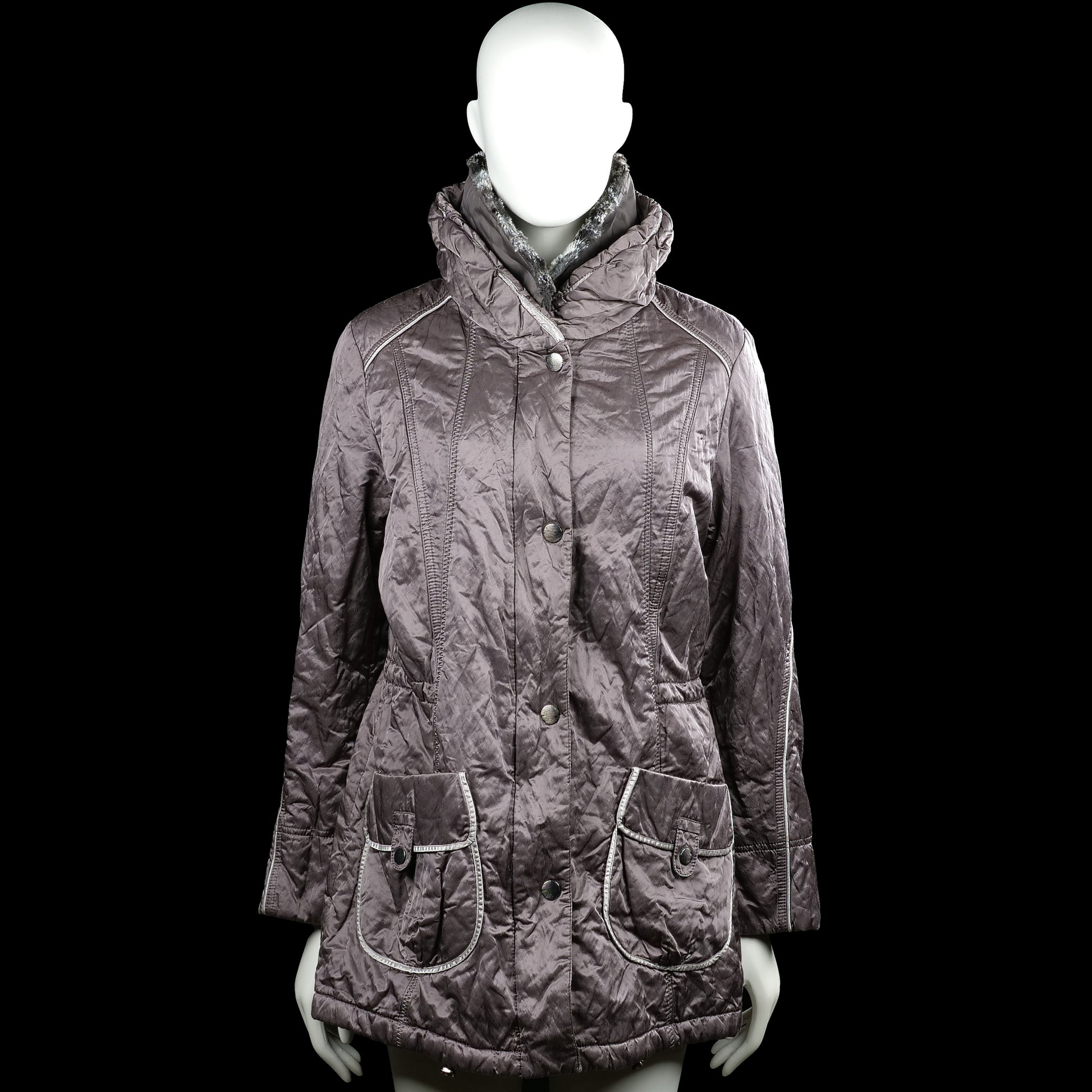 Bonita - Padded coat - Gray - Size M - Gray solid long-sleeve coat with a high neck and snap button front closure. Features large front flap pockets and a straight hem with plain cuffs.