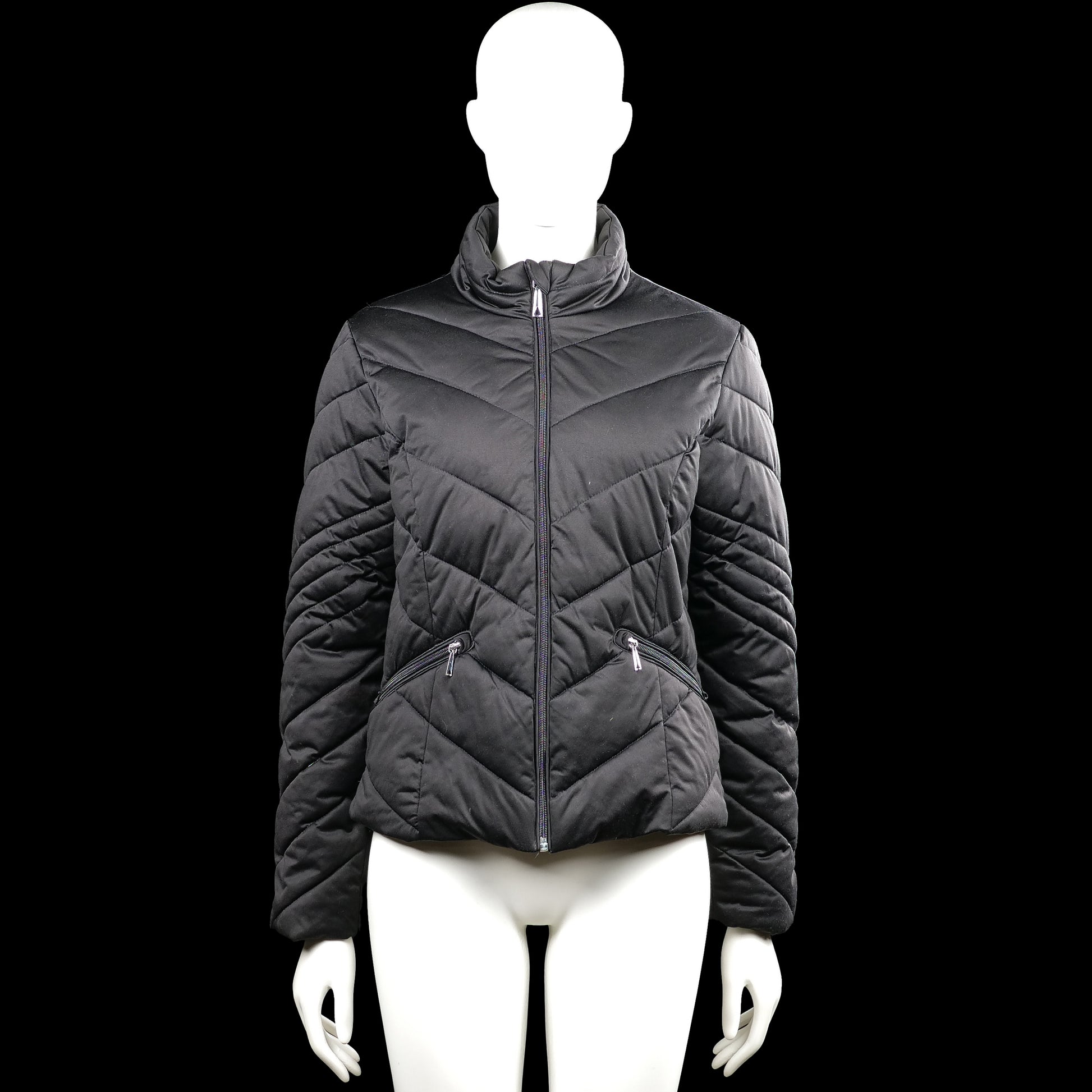 Amisu - Padded jacket - Black - Size 36 - Black solid quilted jacket with a high neck and a full-length front zip closure. Features long sleeves with plain cuffs and angled zip pockets with a straight hem.