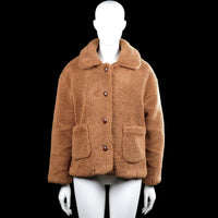 Bisous project - Fur jacket - Camel - Size L - Camel solid jacket with a classic collar and front button closure. Long sleeves with plain cuffs and a straight hem, featuring two front patch pockets.