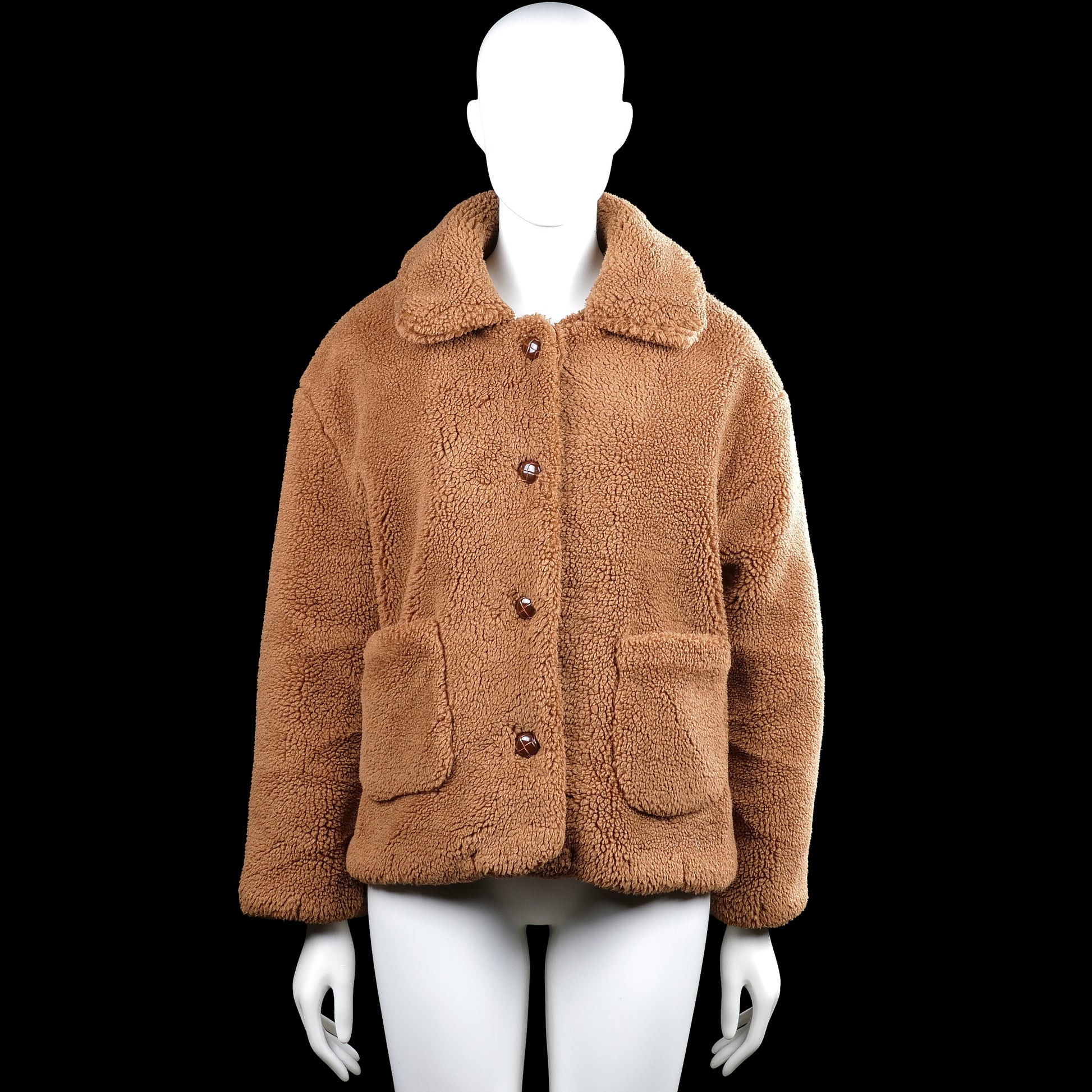 Bisous project - Fur jacket - Camel - Size L - Camel solid jacket with a classic collar and front button closure. Long sleeves with plain cuffs and a straight hem, featuring two front patch pockets.
