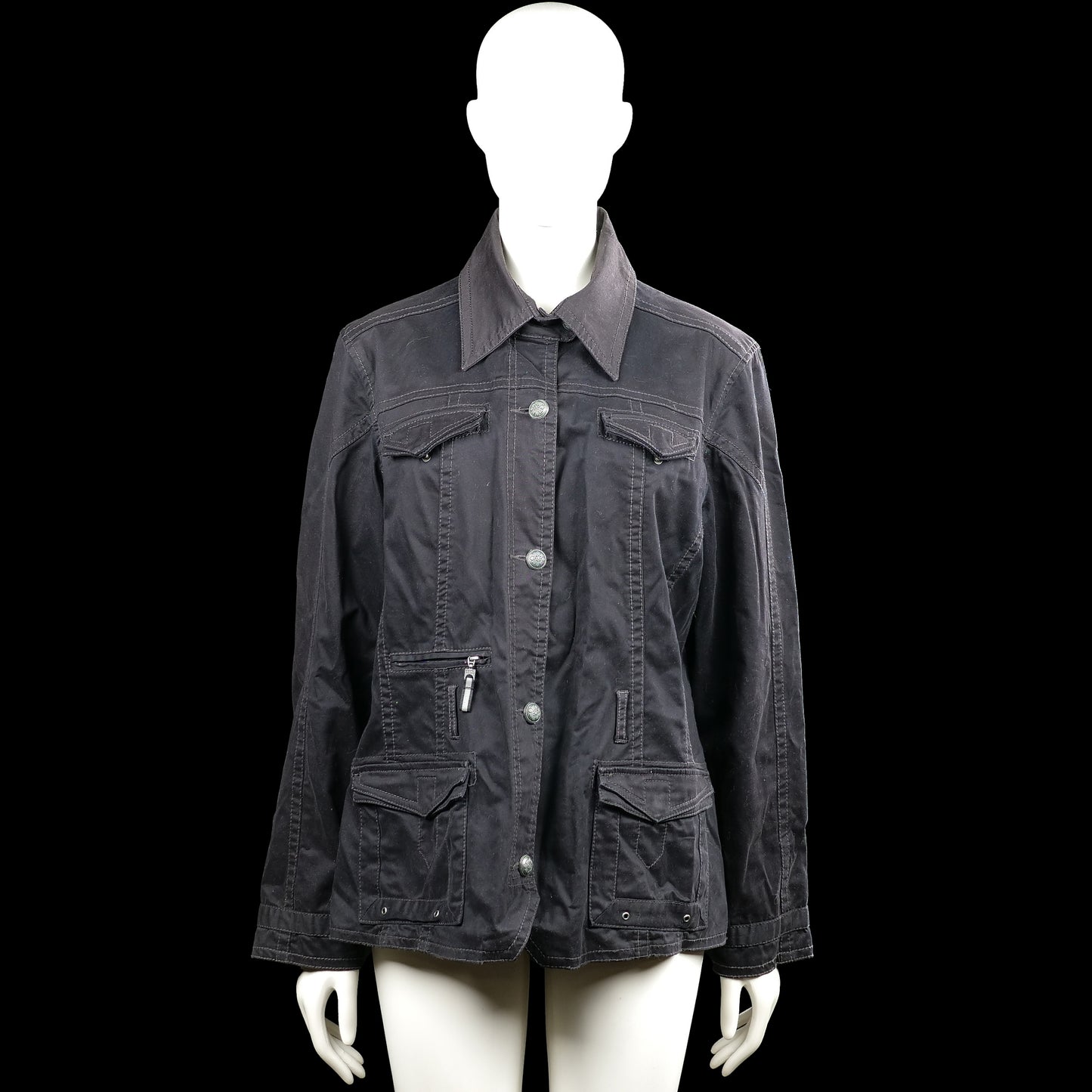 Cecil - Safari jacket - Black - Size L - Black solid long-sleeve jacket with a classic collar and button-front closure. Features multiple flap pockets and one zip pocket, button cuffs, and a straight hem.